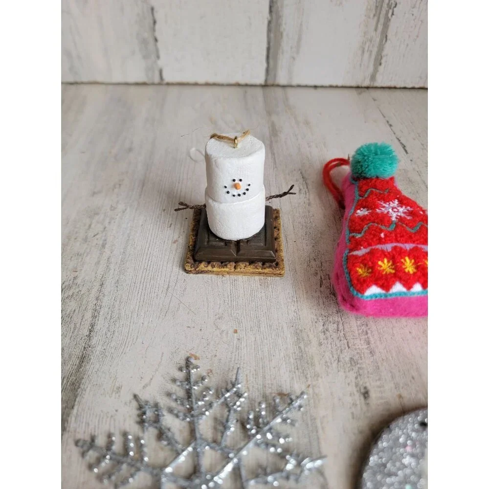 Snowman s'more glitter‎ snowflake Bell variety ornament Xmas set